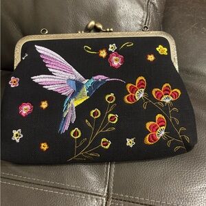 Embroidered Hummingbird Black Crossbody Bag